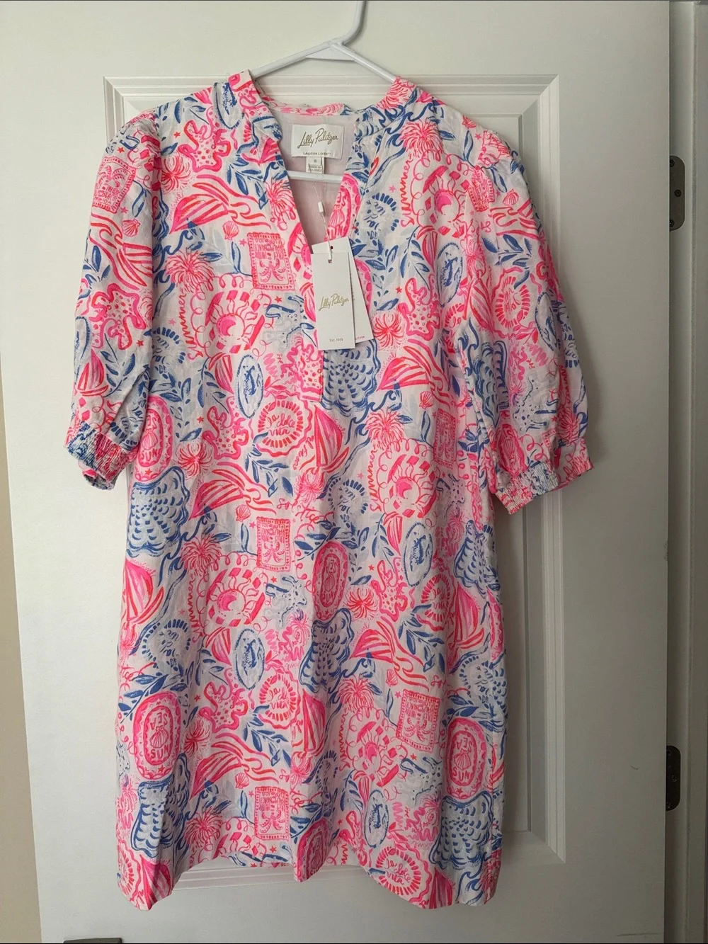 Lilly Pulitzer Mialeigh Elbow Lagoon Linen Resort White, Lil Sun Sea Sand - Picture 1 of 3